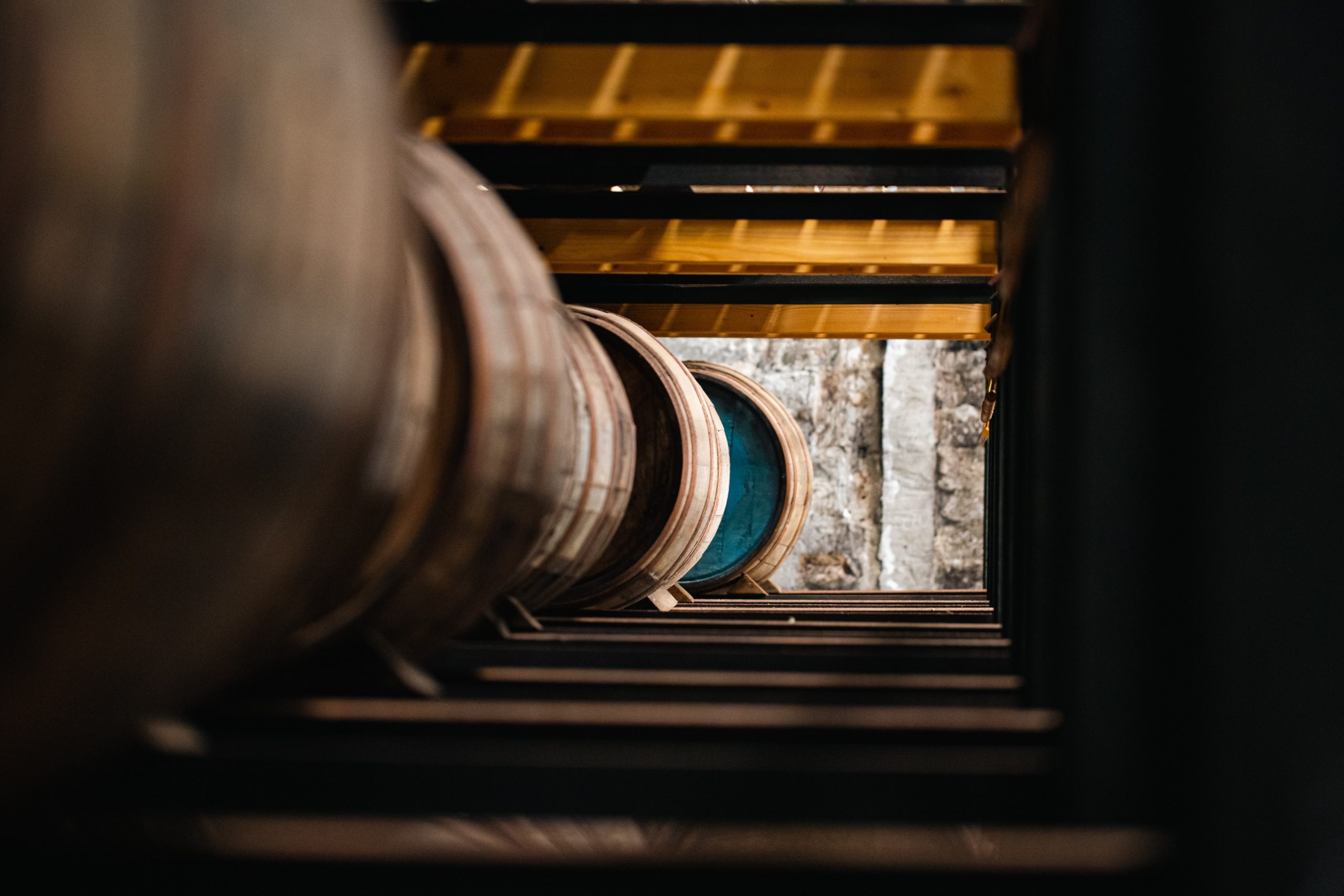 A row of scapa whisky barrels